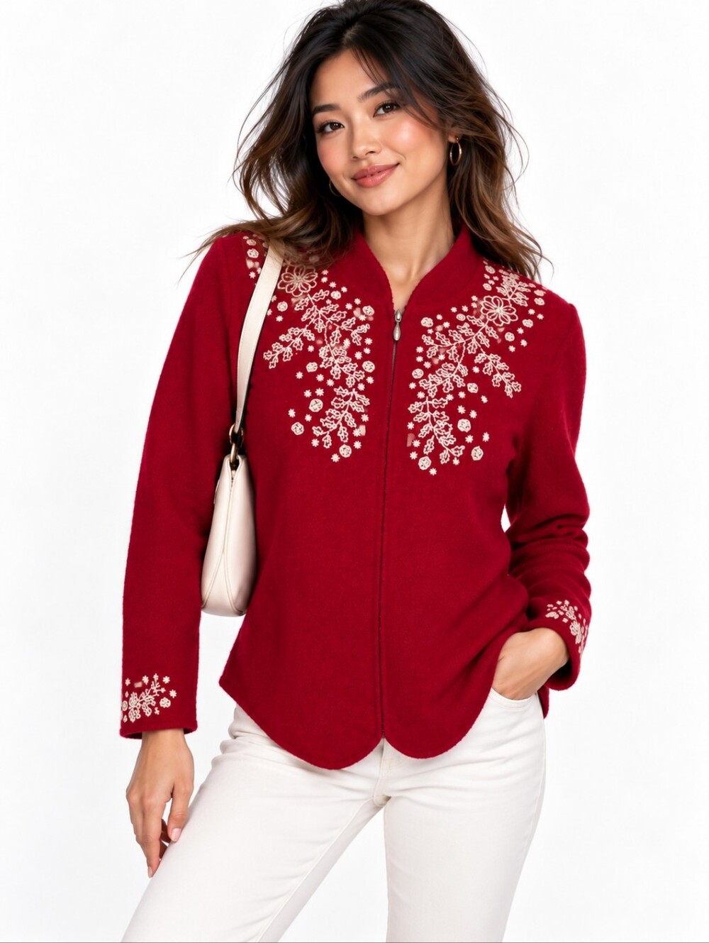 Vintage Appleseed's Women's Red Cardigan 100% Wool Embroidered Feminine Size M